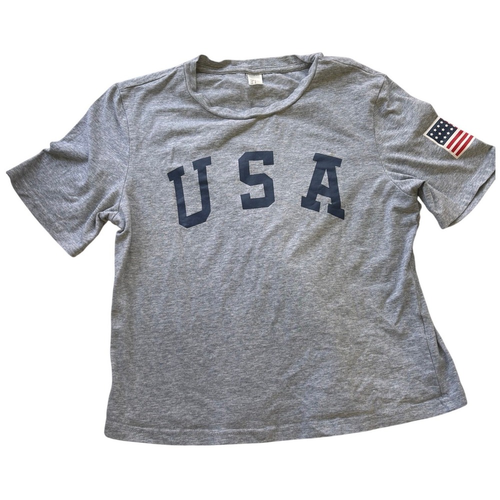 USA Graphic‎ T-Shirt Heather Gray Short Sleeve American Flag Patch Small
